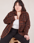 Ashley is wearing Plaid Flannel Overshirt in Fudgesicle Brown