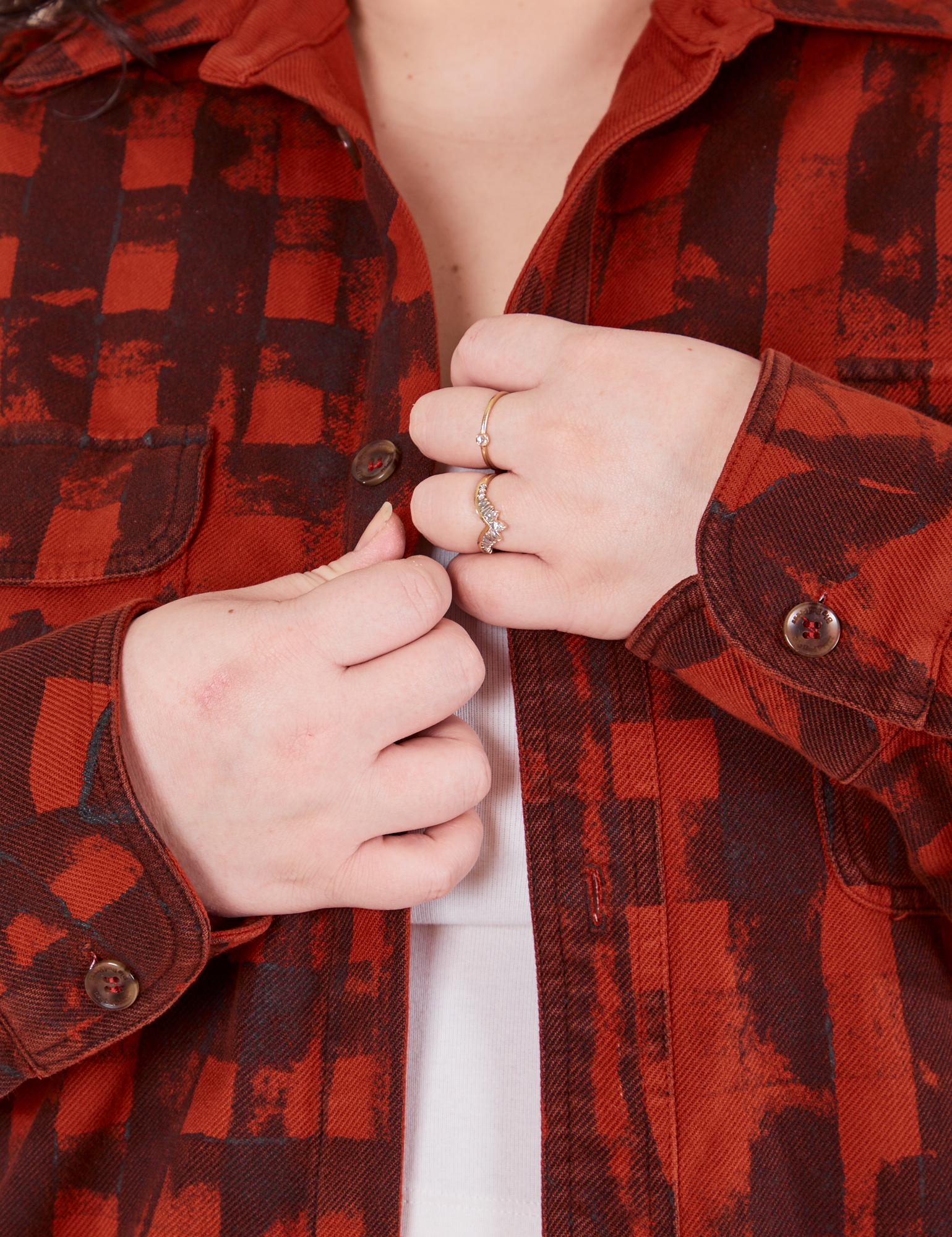 Plaid Flannel Overshirt in Paprika front close up on Ashley