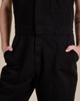 Short Sleeve Jumpsuit in Basic Black close up on Quinn