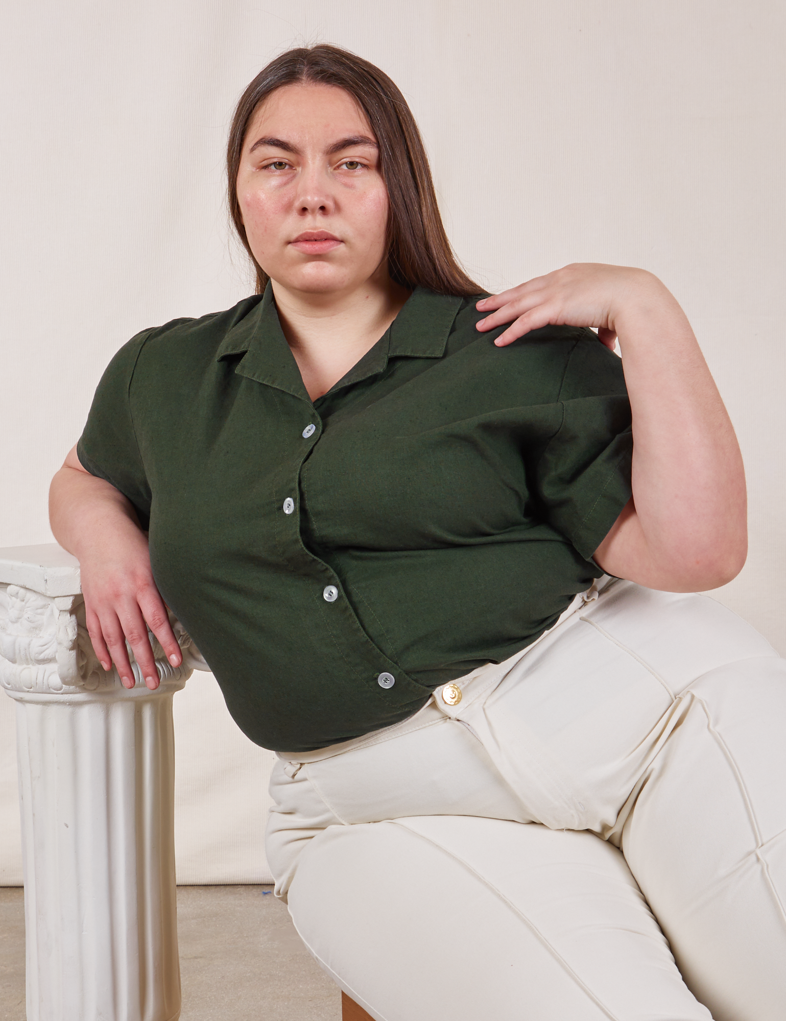 Marielena is wearing Pantry Button-Up in Swamp Green