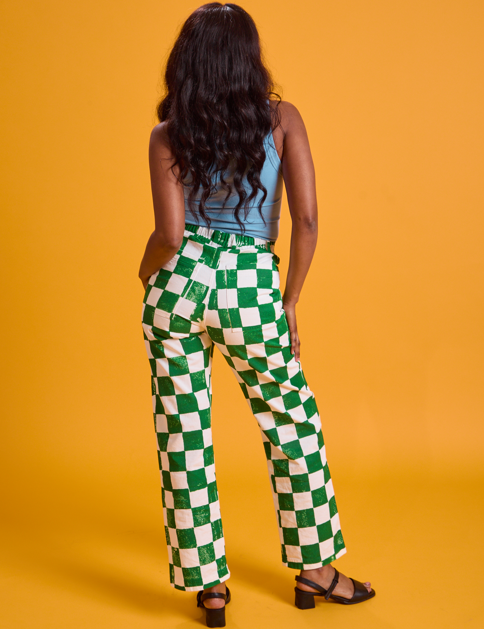 Checkerboard Work Pants in White/Green back view on Kandia
