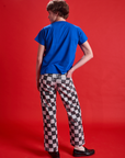 Back view of Checkerboard Work Pants in Black/White and royal blue Organic Vintage Tee