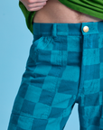 Checkerboard Work Pants in Blues close up on Quinn