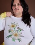 Floral Long Sleeve Baby Tee in Yellow front close up on Sam