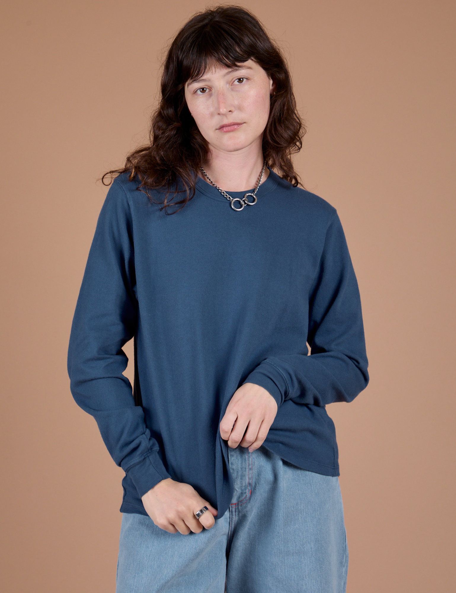 Alex is 5’8” and wearing P Long Sleeve Burly Tee in French Blue