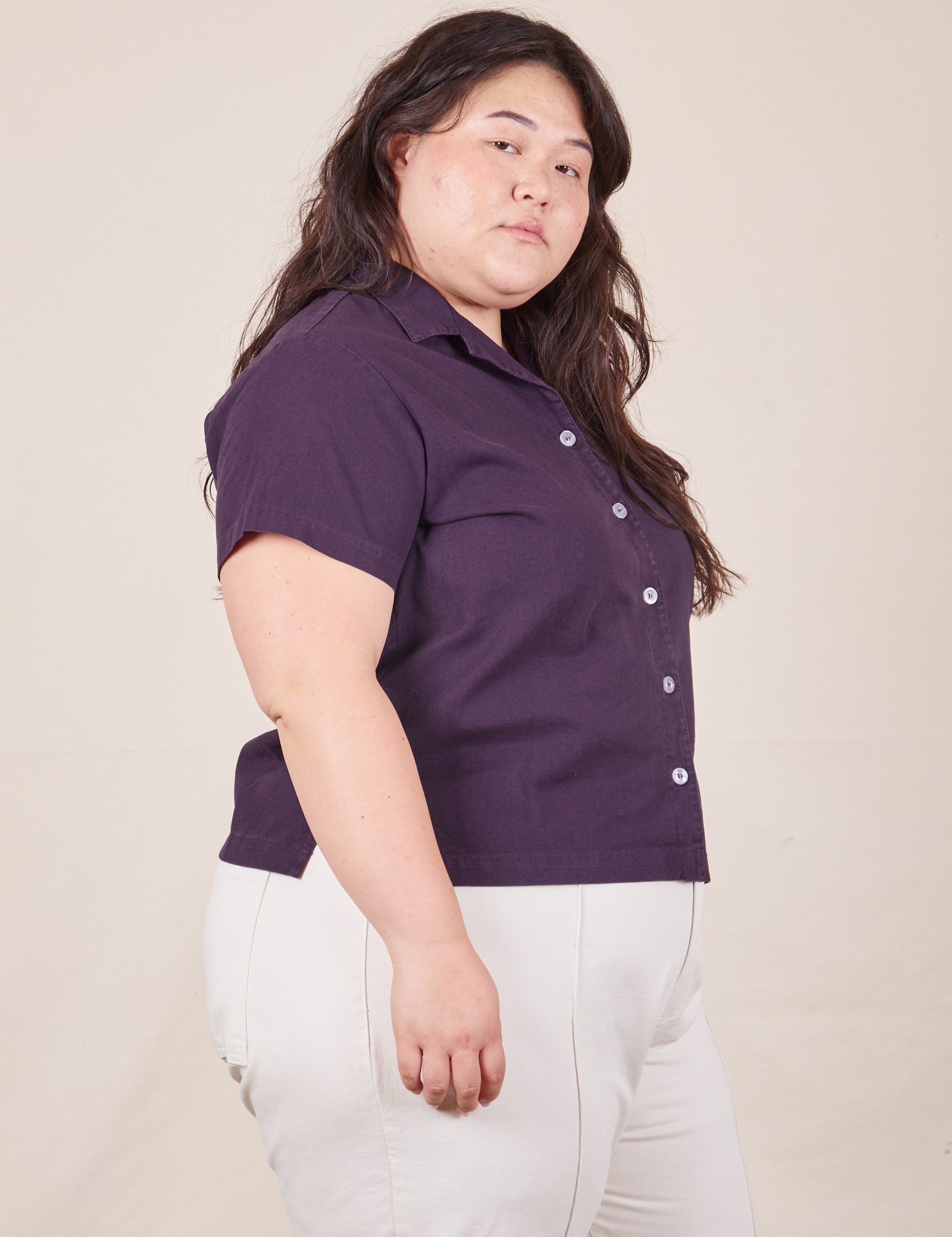 Side view of Pantry Button-Up in Nebula Purple worn by Ashley