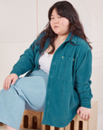 Ashley is wearing Corduroy Overshirt in Marine Blue