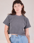 Alex is 5'8" and wearing P Cropped Burly Tee in Washed Grey
