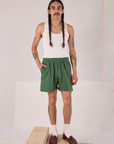Easy Shorts in Dark Emerald Green and Tank Top in vintage tee off-white on Anthony