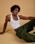Baggy Mid-Rise Trousers in Evergreen worn by Jerrod