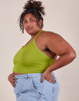 Halter Top in Gross Green side view on Morgan