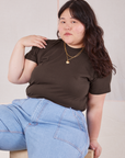 Ashley is wearing Organic Vintage Tee in Espresso Brown and light wash Carpenter Jeans