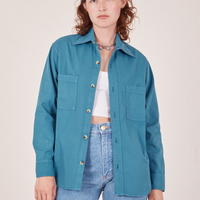 Alex is wearing size P Oversize Overshirt in Marine Blue