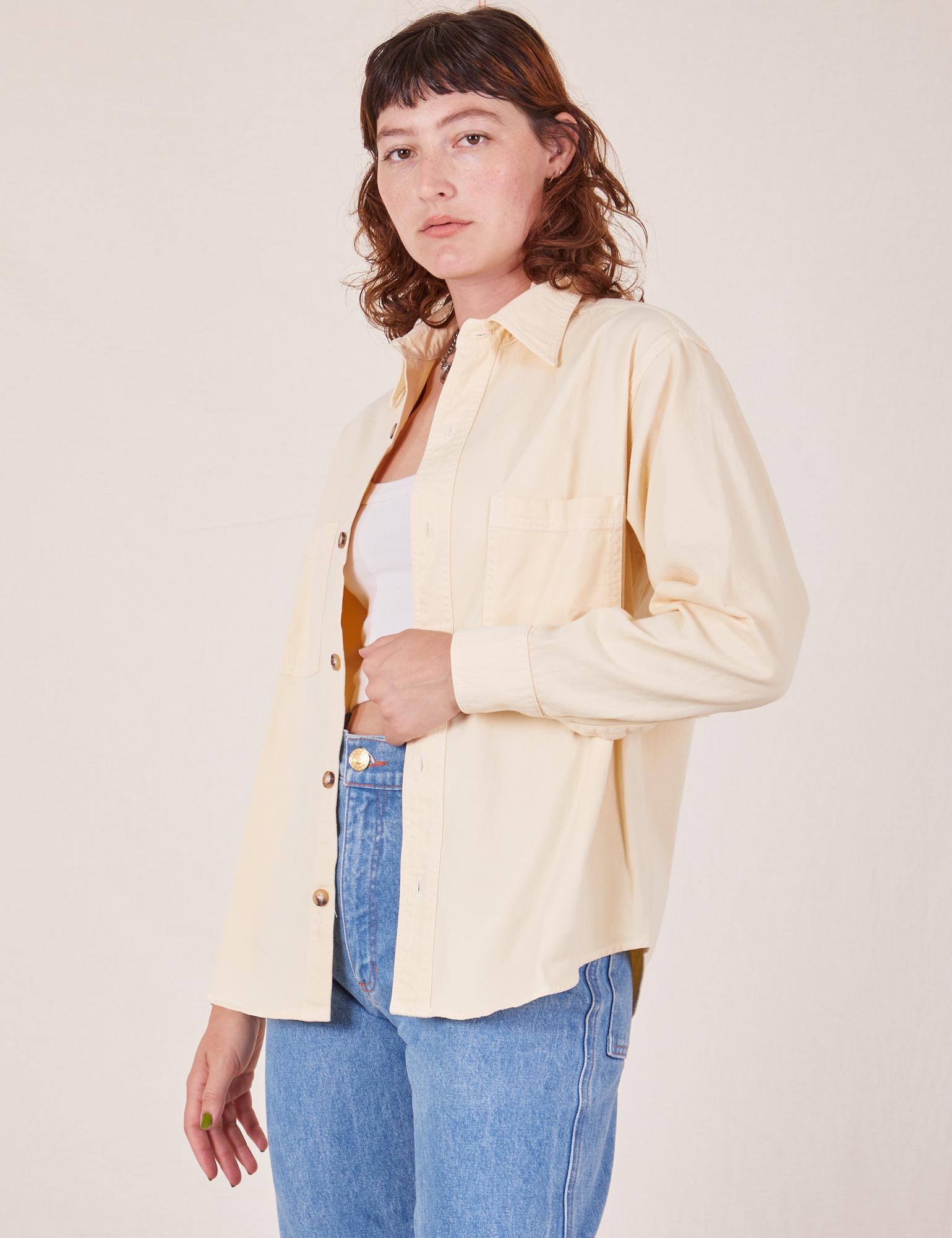 Angled view of Oversize Overshirt in Vintage Tee Off-White worn by Alex
