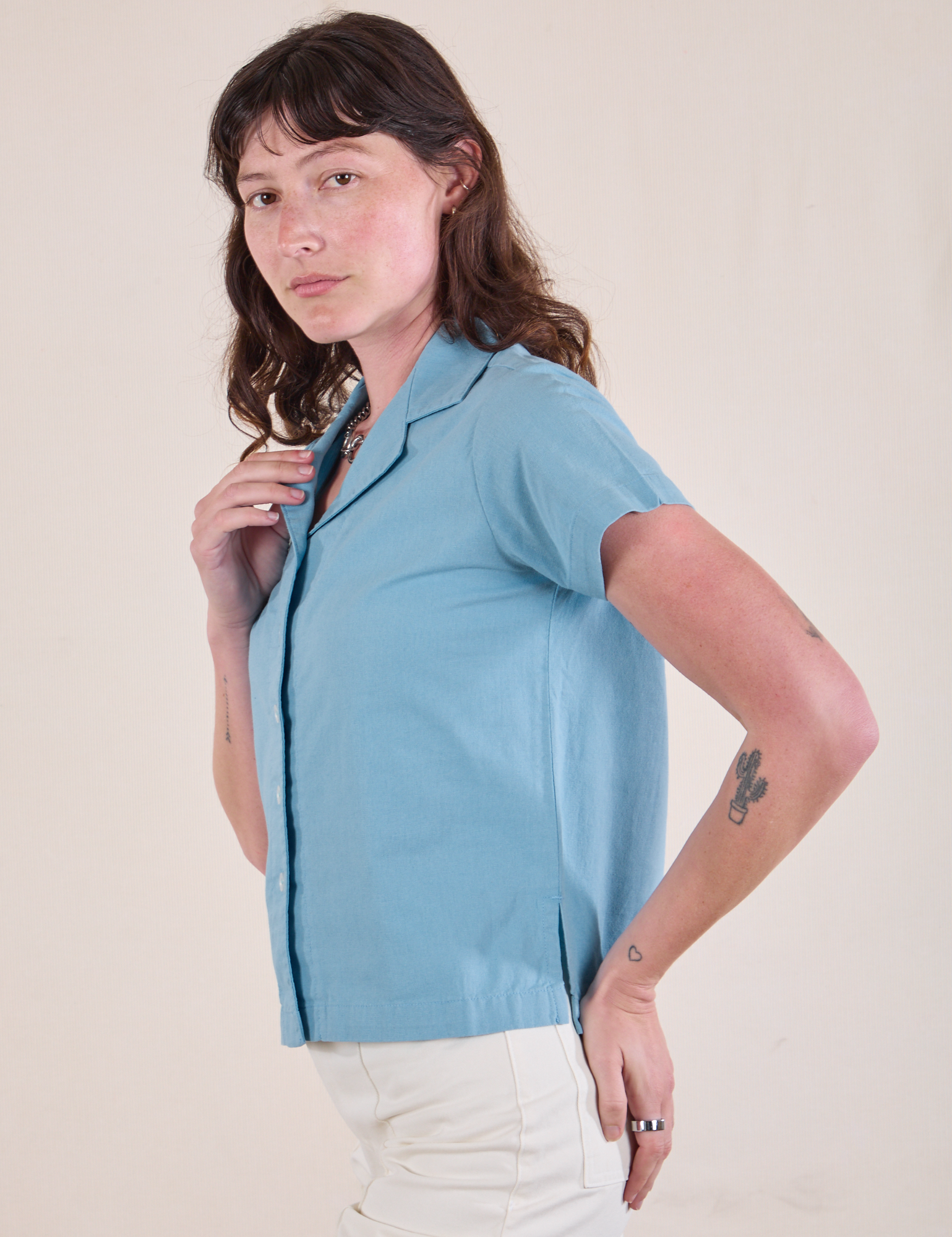 Pantry Button-Up in Baby Blue side view on Alex