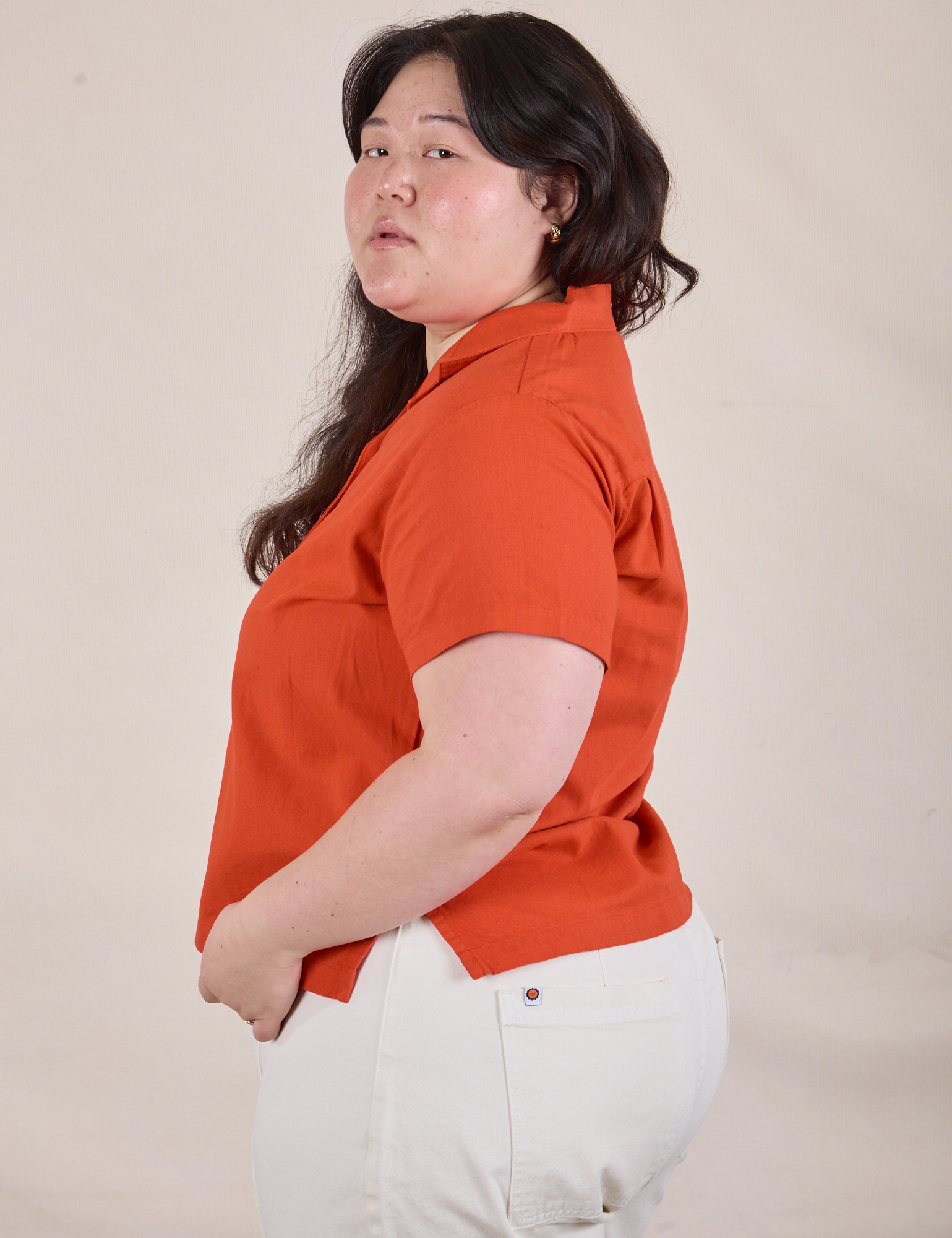 Pantry Button-Up in Chili Red side view on Ashley