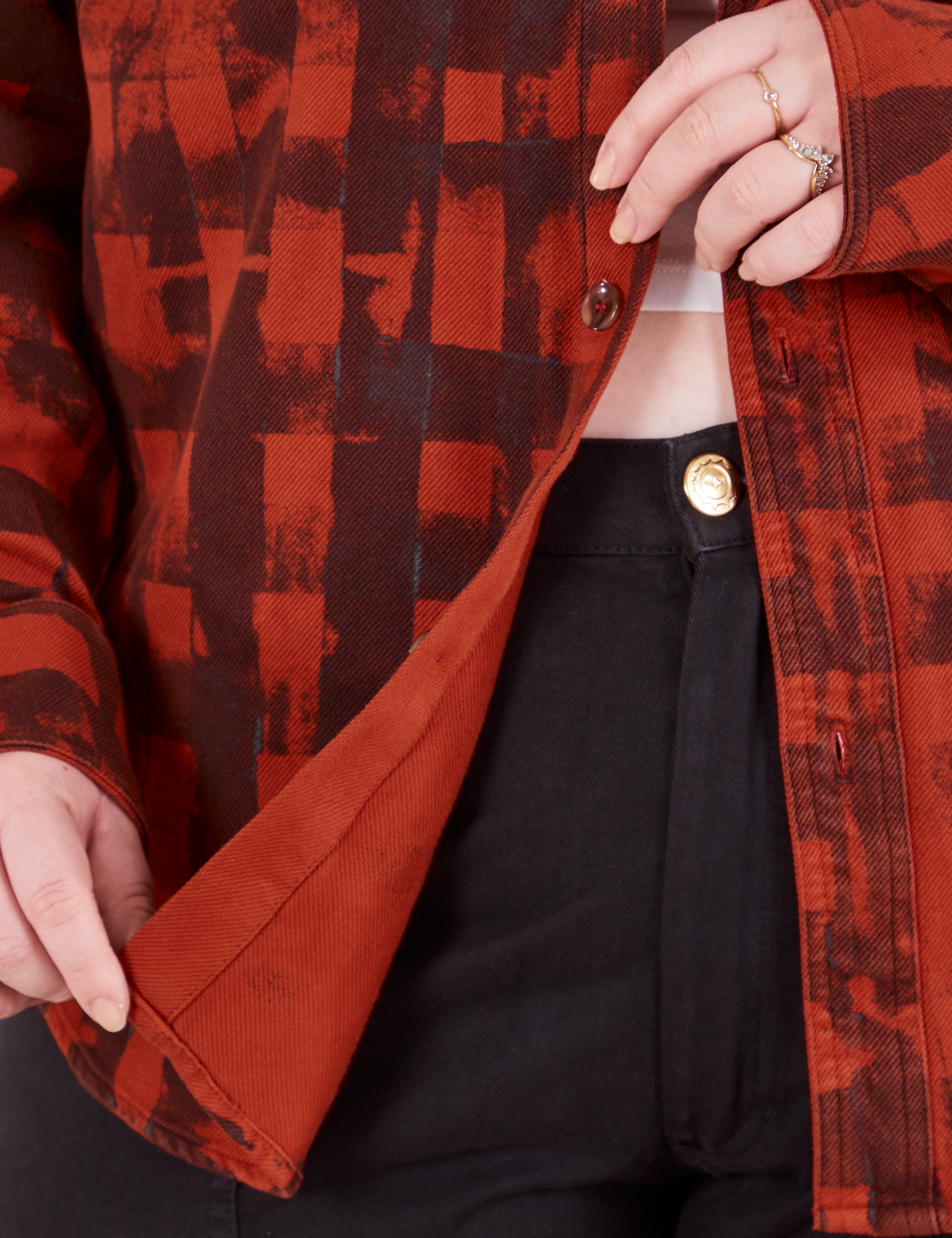 Plaid Flannel Overshirt in Paprika close up on Ashley