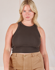 Lish is 5’8” and wearing L Racerback Tank in Espresso Brown