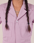 Short Sleeve Jumpsuit in Lilac front close up on Anthony