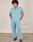 Miguel is 6'0" and wearing 2XL Short Sleeve Jumpsuit in Baby Blue