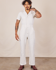 Jesse is 5'7" and wearing S Short Sleeve Jumpsuit in Vintage Tee Off-White