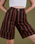 Longline Work Shorts in Fudgesicle Brown close up on Alex