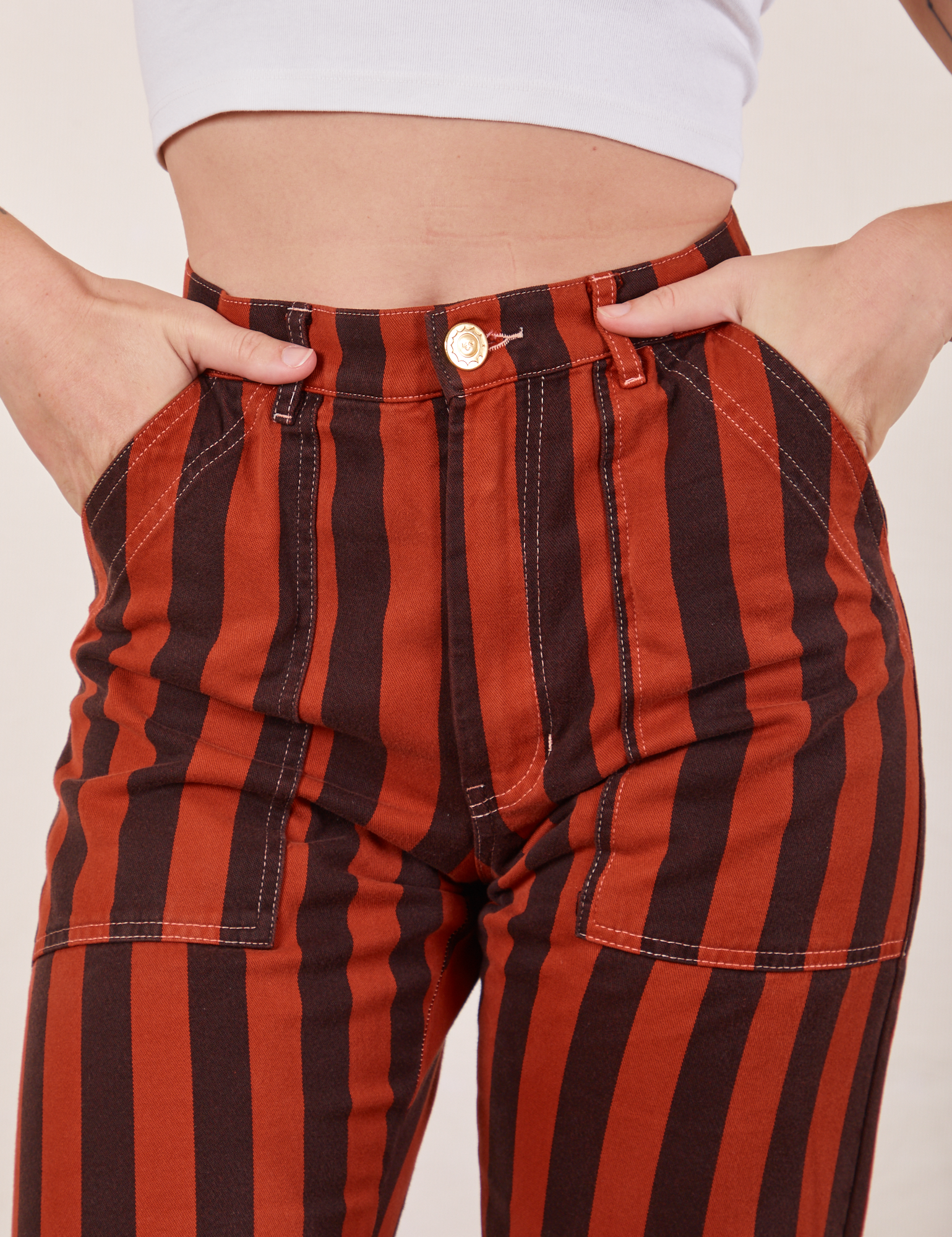 Black Striped Work Pants in Paprika front close up on Alex