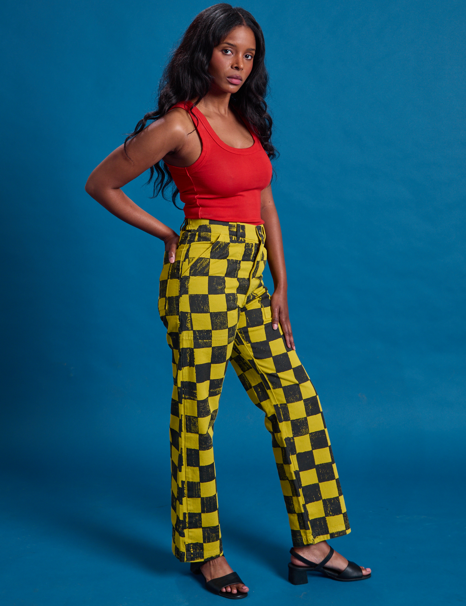 Checkerboard Work Pants in Yellow/Black angled front view on Kandia