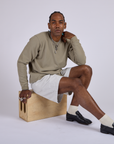 Pleated Trouser Shorts in Dishwater White and khaki grey Long Sleeve Burly Tee on Jerrod