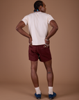 Back view of Classic Work Shorts in Red Wine and Organic Vintage Tee in Vintage Off White on Jerrod