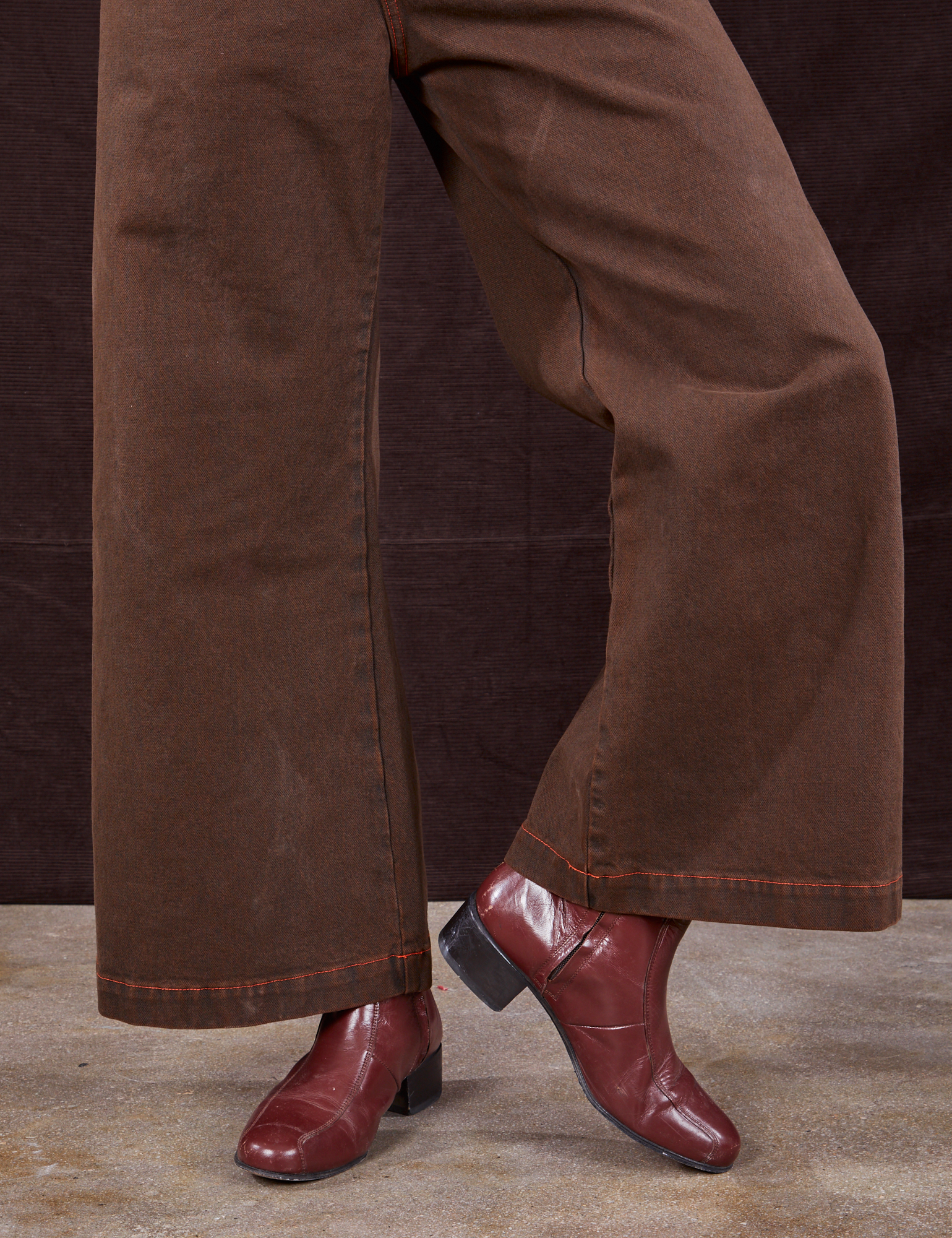 Overdyed Wide Leg Trousers in Brown pant leg close up on Jesse