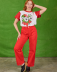 Anniversary Tee in Strawbaby and mustang red Work Pants on Tiara