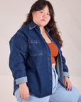 Denim Overshirt in Dark Wash angled front view on Ashley