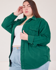 Angled front view of Flannel Overshirt in Hunter Green on Marielena