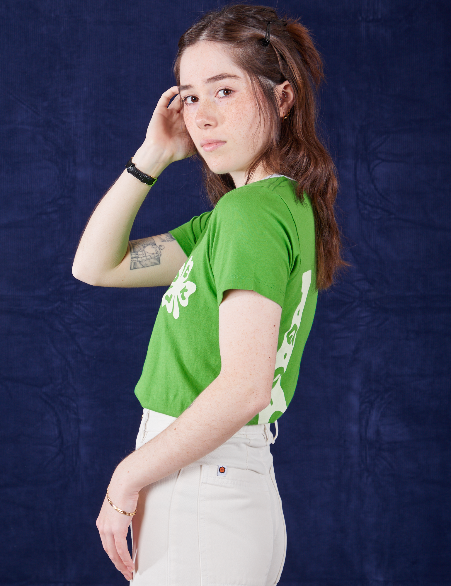 Side view of Luck Tee and vintage tee off-white Petite Western Pants