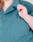 Front close up of Heritage Short Sleeve Jumpsuit in Marine Blue on Catie