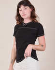 JV Tee in Basic Black angled front view on Alex