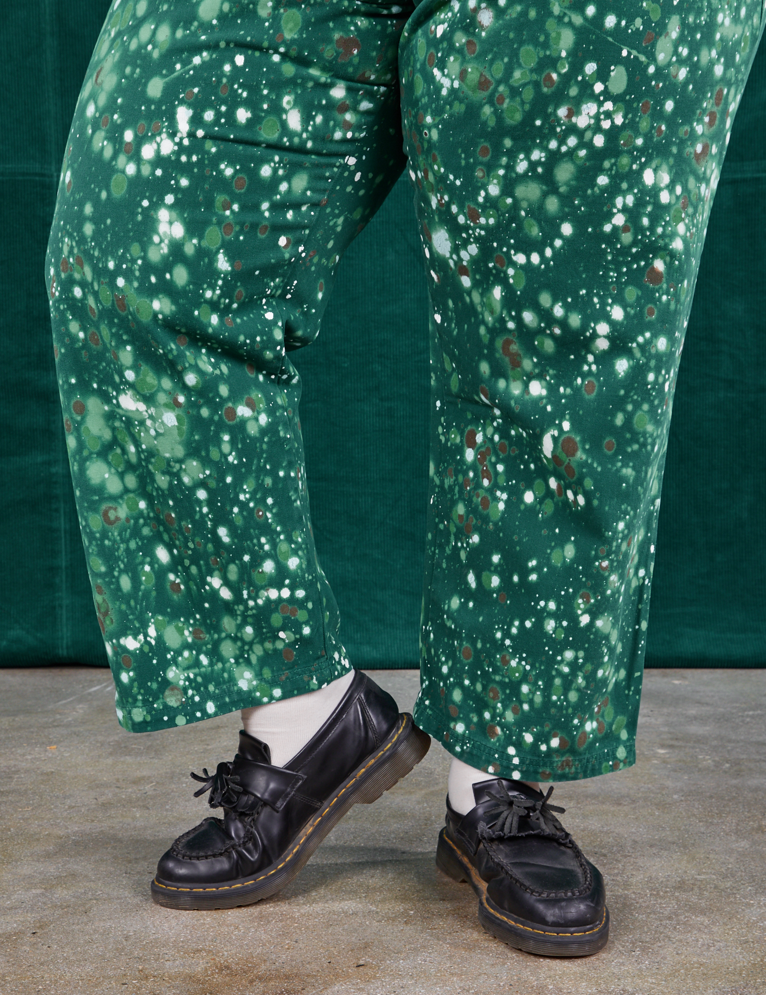 Pant leg close up of Marble Splatter Work Pants in Hunter Green on Sam