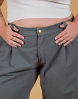 Baggy Mid-Rise Trousers in Slate Grey front close up on Juliet