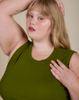 Close up of Muscle Tee in Summer Olive on Juliet