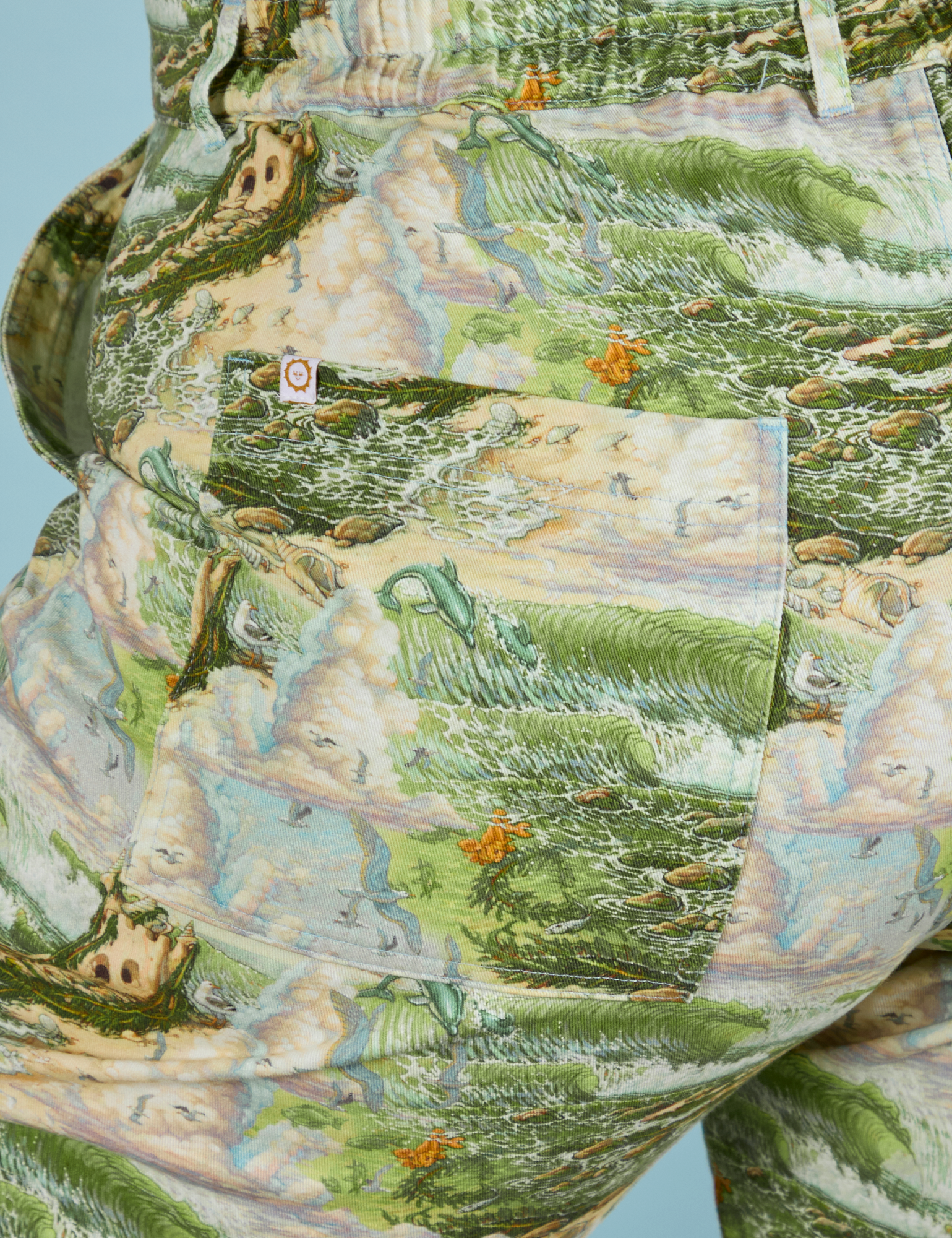 Ocean and Sky Jumpsuit back pocket close up on Juliet