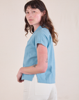 Side view of Pantry Button-Up in Baby Blue on Alex