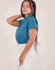 Side view of Pantry Button-Up in Marine Blue worn by Gabi