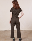 Petite Short Sleeve Jumpsuit in Espresso Brown back view on Hana