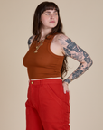 Racerback Tank in Burnt Terracotta angled front view on Sydney