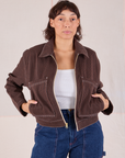 Tiara is wearing Mechanic Jacket in Fudgesicle Brown