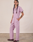 Short Sleeve Jumpsuit in Lilac side view on Anthony