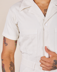 Front close up of Short Sleeve Jumpsuit in Vintage Tee Off-White worn by Jesse
