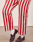 Work Pants in Cherry Stripe pant leg close up on Sydney