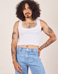 Jesse is 5'8" and wearing XS Cropped Tank Top in Vintage Tee Off-White